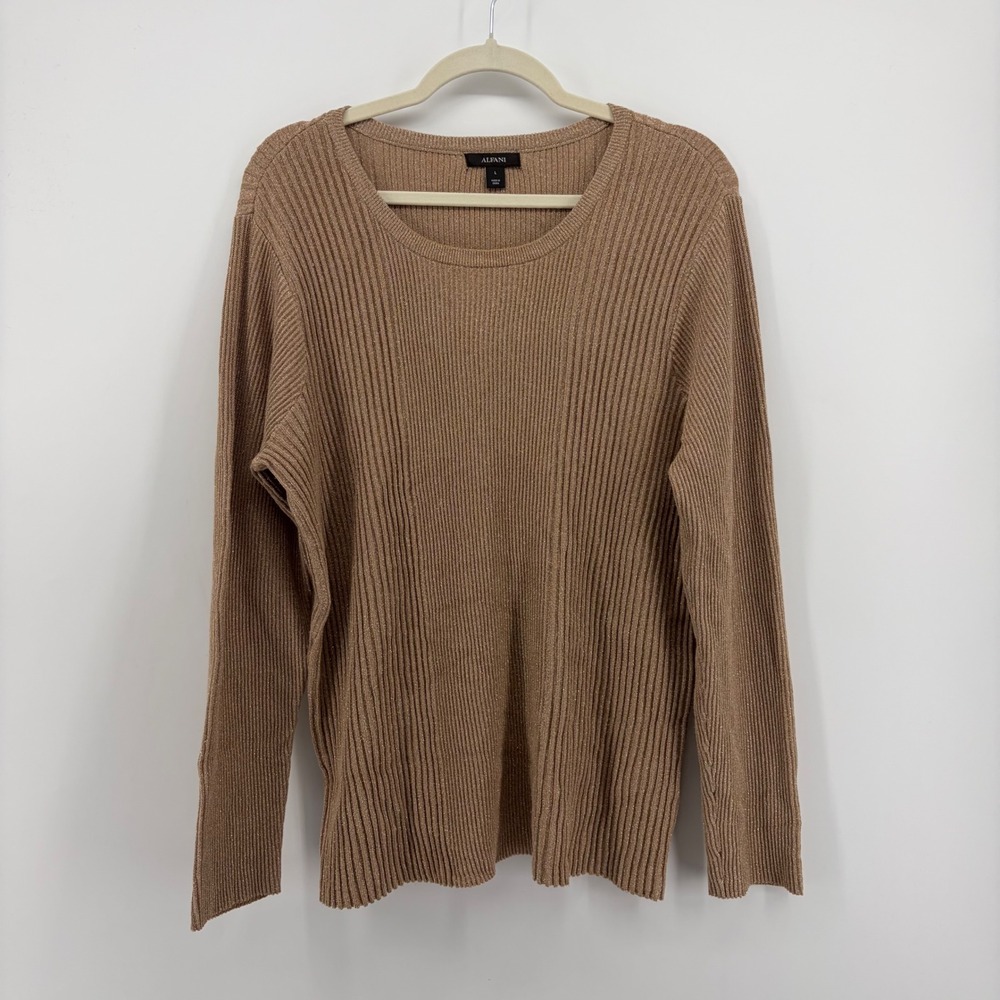 Alfani Womens Large Bronze Metallic Ribbed Scoop Neck Long Sleeve Sweater